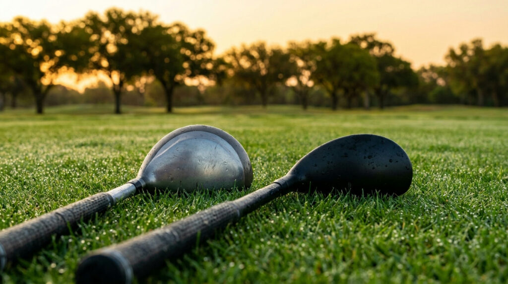 Fairway wood vs hybrid club heads side by side on a dewy fairway