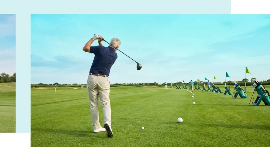 Best Golf Clubs: Golfer mid-swing on a driving range, practicing to fix golf slice for beginners and hit straighter shots.