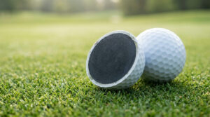 Golf ball construction explained with a cutaway ball showing core, mantle and cover