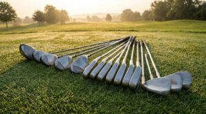 Full set of golf clubs fanned out on a fairway, golf club numbers explained