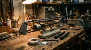 Golf club swing weight being measured on a balance scale in a workshop