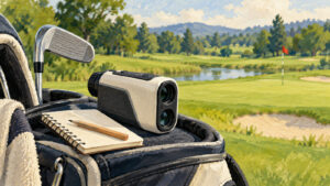 Illustration of golf rangefinder features with a generic laser device beside a golf bag