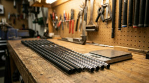 Golf shaft weight explained: graphite and steel golf shafts beside a scale on a workbench