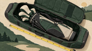 Golf travel bag fit illustration showing a stand bag and covered clubs inside an open travel cover