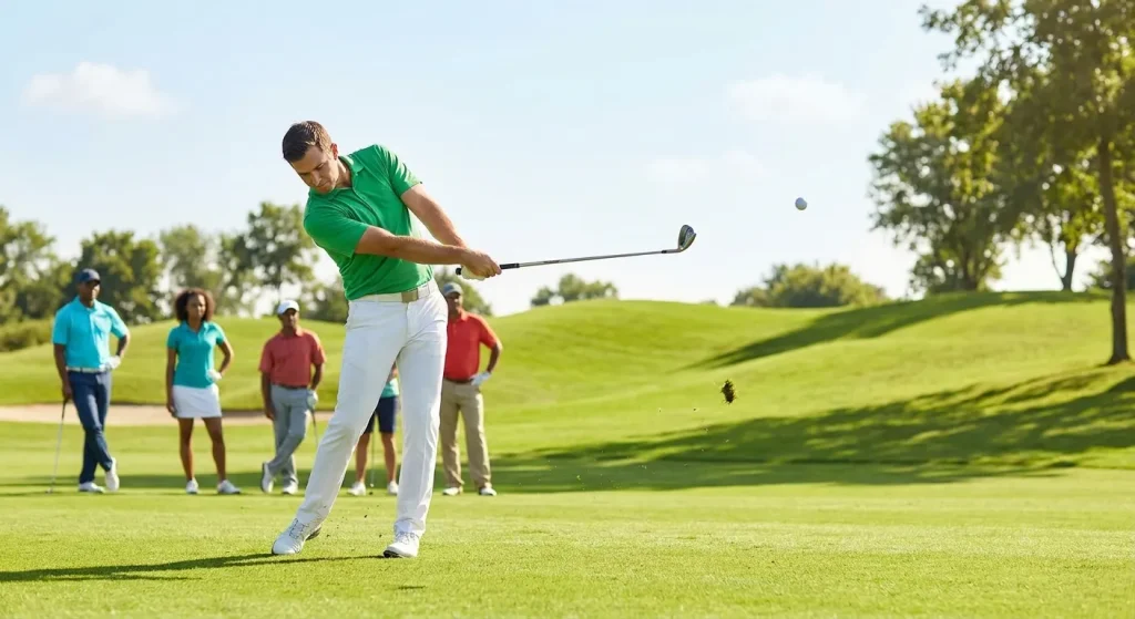 Best Golf Clubs: Golfer hitting a hybrid golf club on a sunny course, with other players watching in the background.