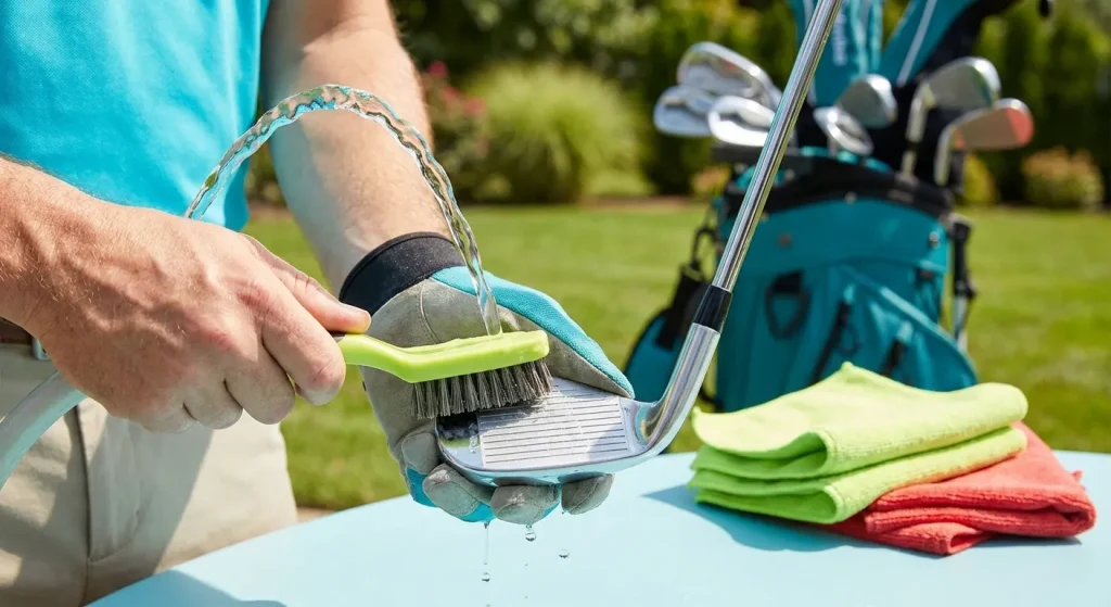 Best Golf Clubs: Man cleaning a golf club with a brush and water, essential maintenance for extending golf club lifespan.