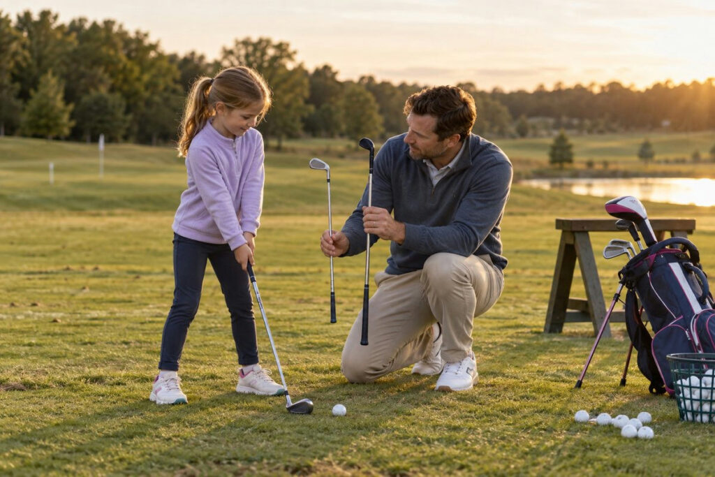 Junior golf clubs being compared by a child and parent at a practice range