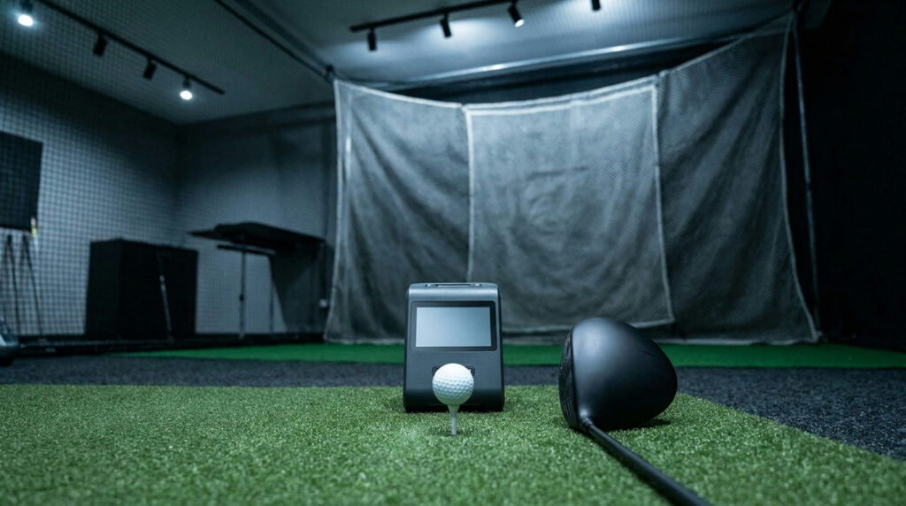 Portable launch monitor behind a teed ball in a fitting bay, launch monitor data explained