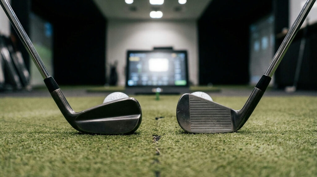 Offset golf clubs meaning: two iron heads at address showing offset vs low offset
