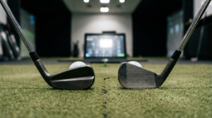 Offset golf clubs meaning: two iron heads at address showing offset vs low offset