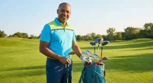 Smiling golfer on a sunny course, holding a club next to his golf bag, ready to optimize his golf equipment.
