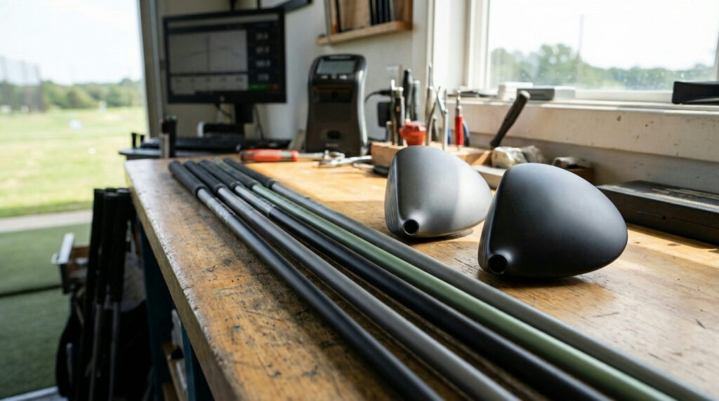 Unbranded golf shafts on a fitting bench, illustrating shaft kick point explained