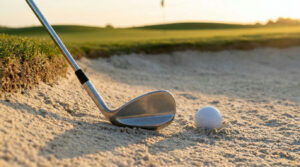 Wedge bounce explained: sand wedge sole resting in a greenside bunker